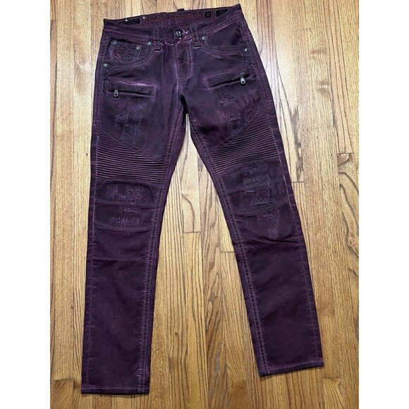 Rock Revival Distressed Jeans “Edgar Biker” Wine Dark Red Men’s Size 32x32